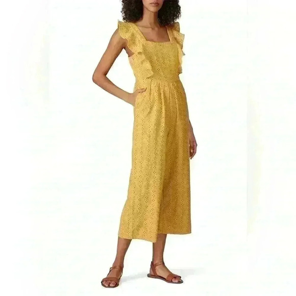 MINKPINK Pants - MINKPINK size small yellow embroidered floral jumpsuit with ruffles and pockets